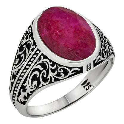 Columbian King Ring - 925 Silver Oxidized - Genuine Red Ruby Stone