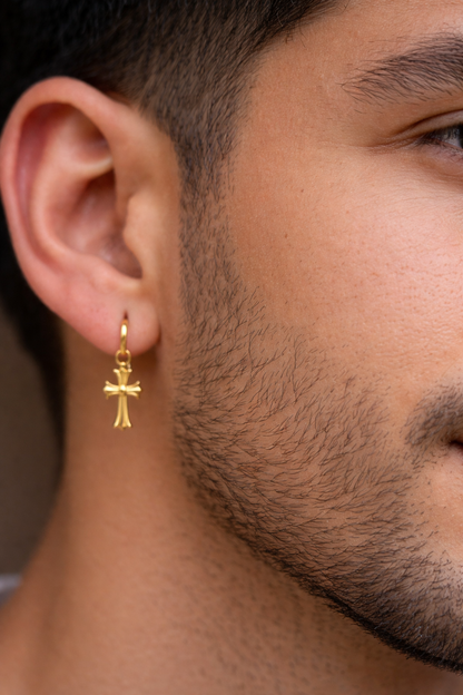 Hearts Of Chrome Studs W. Dangle Cross Earrings - 14k Gold Vermeil 925 Silver