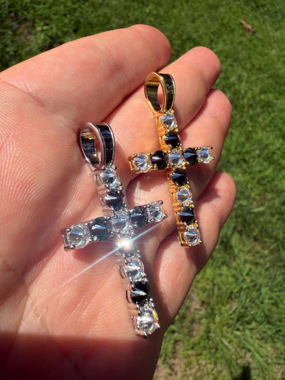 MOISSANITE Black & White Upside Down Set Cross Pendant - 14k Yellow Gold Vermeil Or 925 Silver - Medium 2"