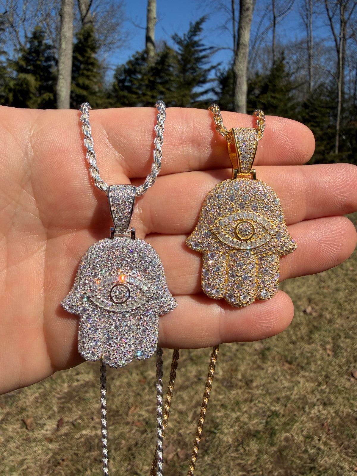 MOISSANITE Mosaic Setting Hamsa W. Evil Eye Pendant - 14k Yellow Gold Vermeil Or 925 Silver - Medium 2"