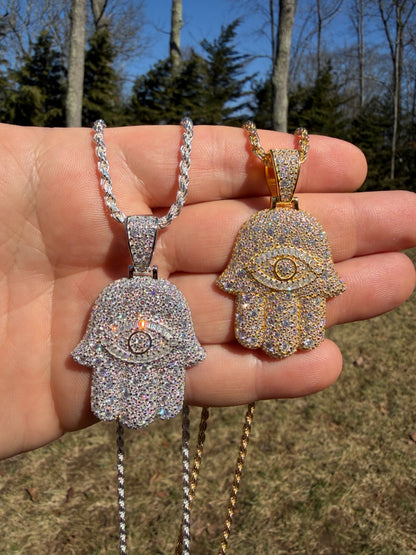 MOISSANITE Mosaic Setting Hamsa W. Evil Eye Pendant - 14k Yellow Gold Vermeil Or 925 Silver - Medium 2"