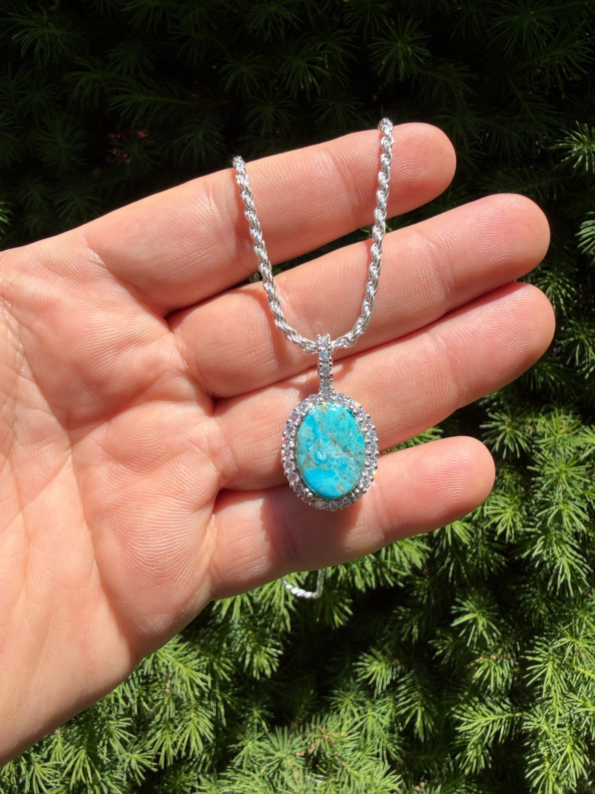 MOISSANITE Royalty Ocean Freeze Pendant - 925 Silver - Oval Genuine Blue Turquoise Stone