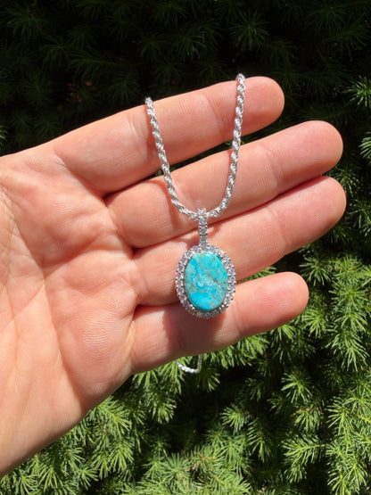 MOISSANITE Royalty Ocean Freeze Pendant - 925 Silver - Oval Genuine Blue Turquoise Stone