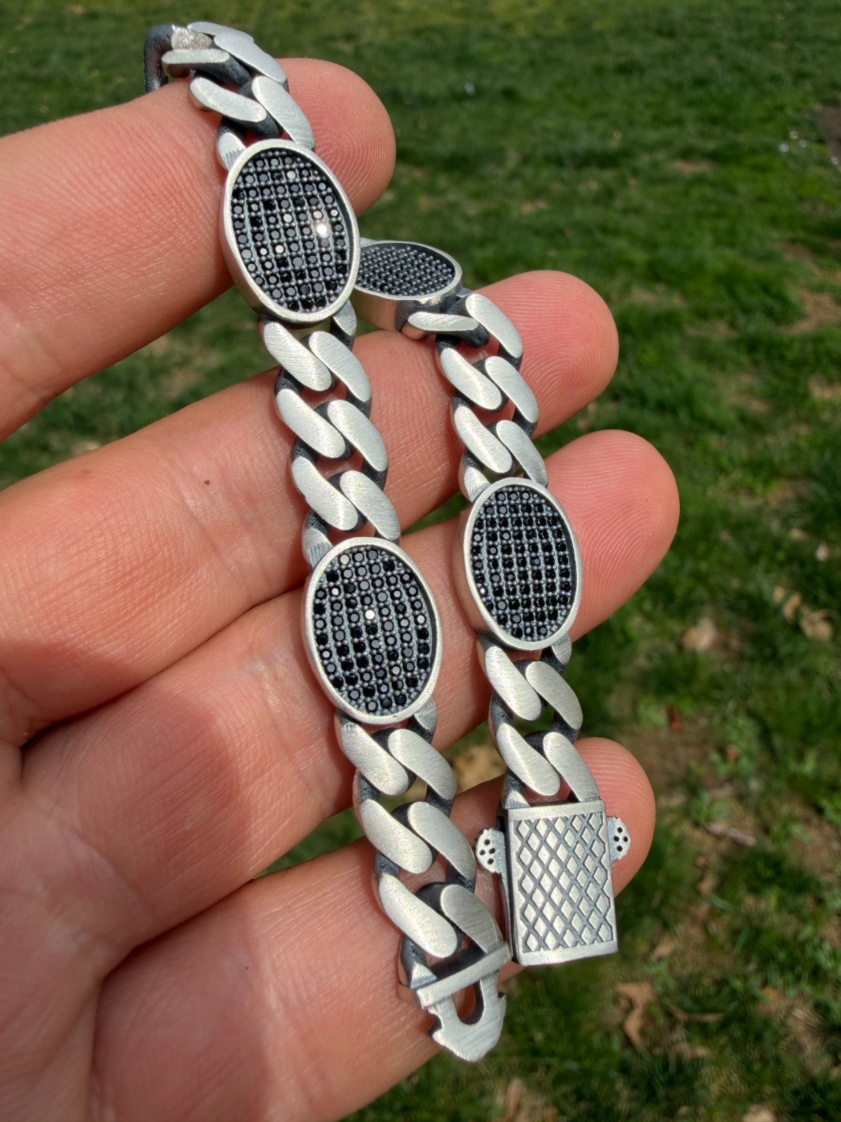 Mens Miami Cuban Link Bracelet W. Iced Out Black CZ Stones - 925 Silver - 8.5" - 12mm