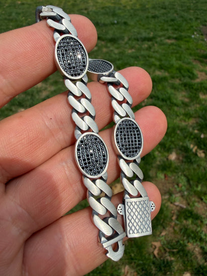 Mens Miami Cuban Link Bracelet W. Iced Out Black CZ Stones - 925 Silver - 8.5" - 12mm