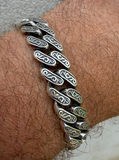 Mens Custom 12mm Hawaiian Scroll Miami Cuban Link Bracelet Real 925 Silver