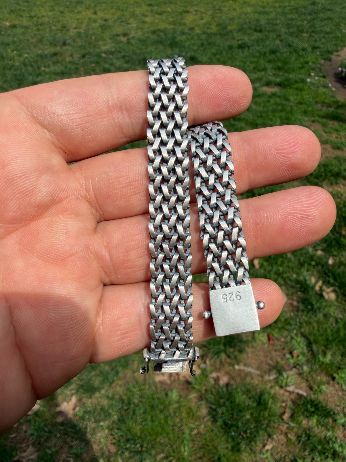 Mens Turquoise Wheat Woven Link Bracelet - 925 Sterling Silver - 8.5" - 12mm
