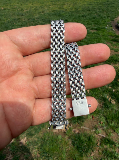 Mens Turquoise Wheat Woven Link Bracelet - 925 Sterling Silver - 8.5" - 12mm