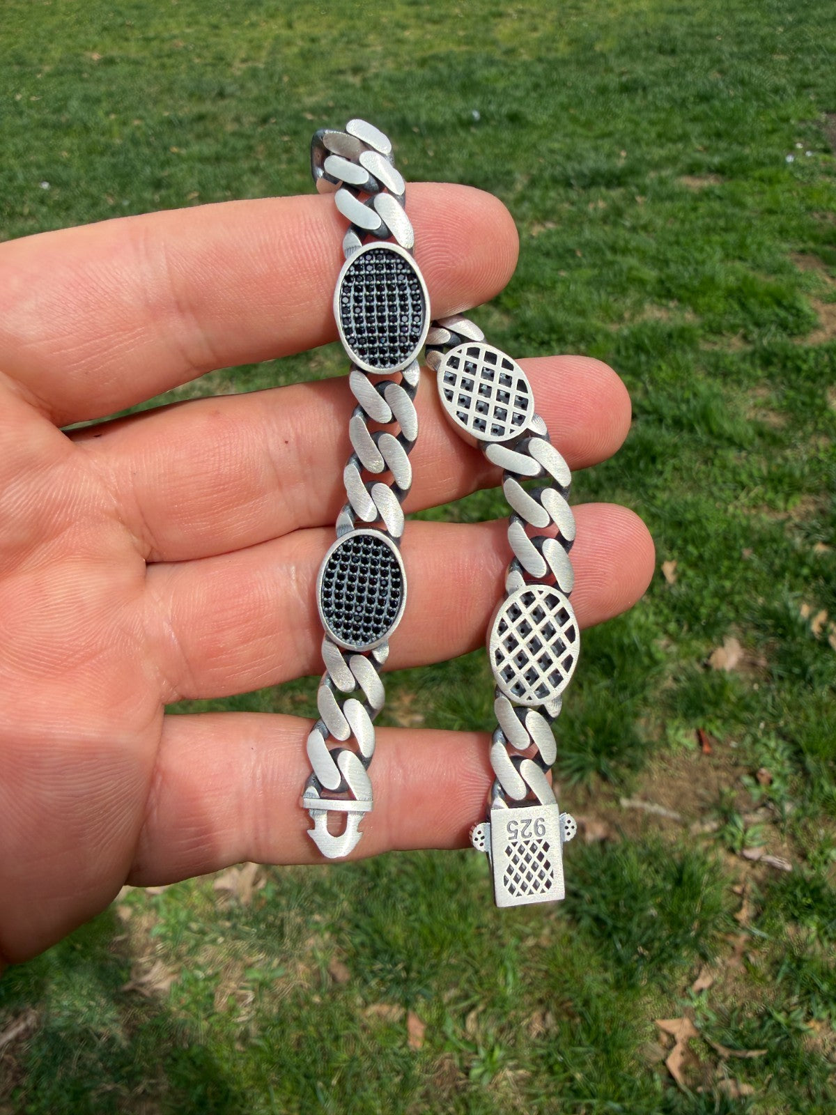 Mens Miami Cuban Link Bracelet W. Iced Out Black CZ Stones - 925 Silver - 8.5" - 12mm