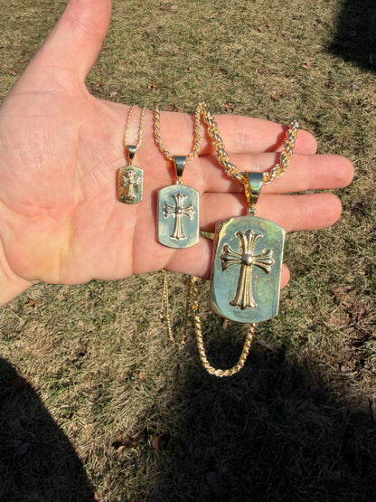 Hearts Chrome Dog Tag Cross Pendant - 14k Gold Vermeil 925 Silver - 3 Sizes 1"-2.75"