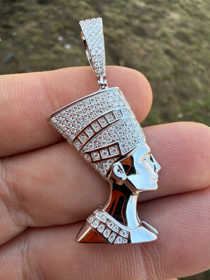 MOISSANITE Hip Iced Out Egyptian Queen Nefertiti Pendant - 14k Yellow Gold Vermeil Or 925 Silver - Medium 1.75"