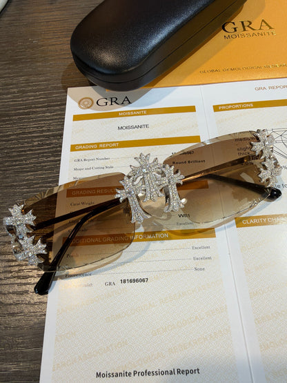 MOISSANITE Hearts Chrome Cross Iced Out Sunglasses - 925 Silver Buffs - Light Brown