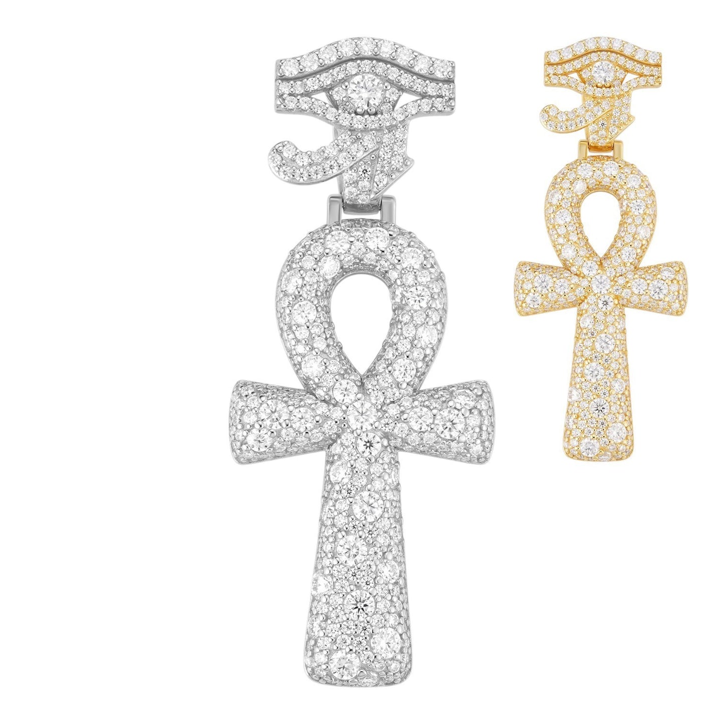 MOISSANITE Mosaic Setting Ankh W. Eye Of Horus Pendant - 14k Yellow Gold Vermeil Or 925 Silver - Medium 2"