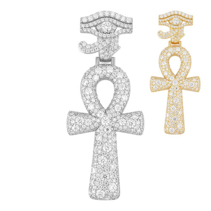MOISSANITE Mosaic Setting Ankh W. Eye Of Horus Pendant - 14k Yellow Gold Vermeil Or 925 Silver - Medium 2"