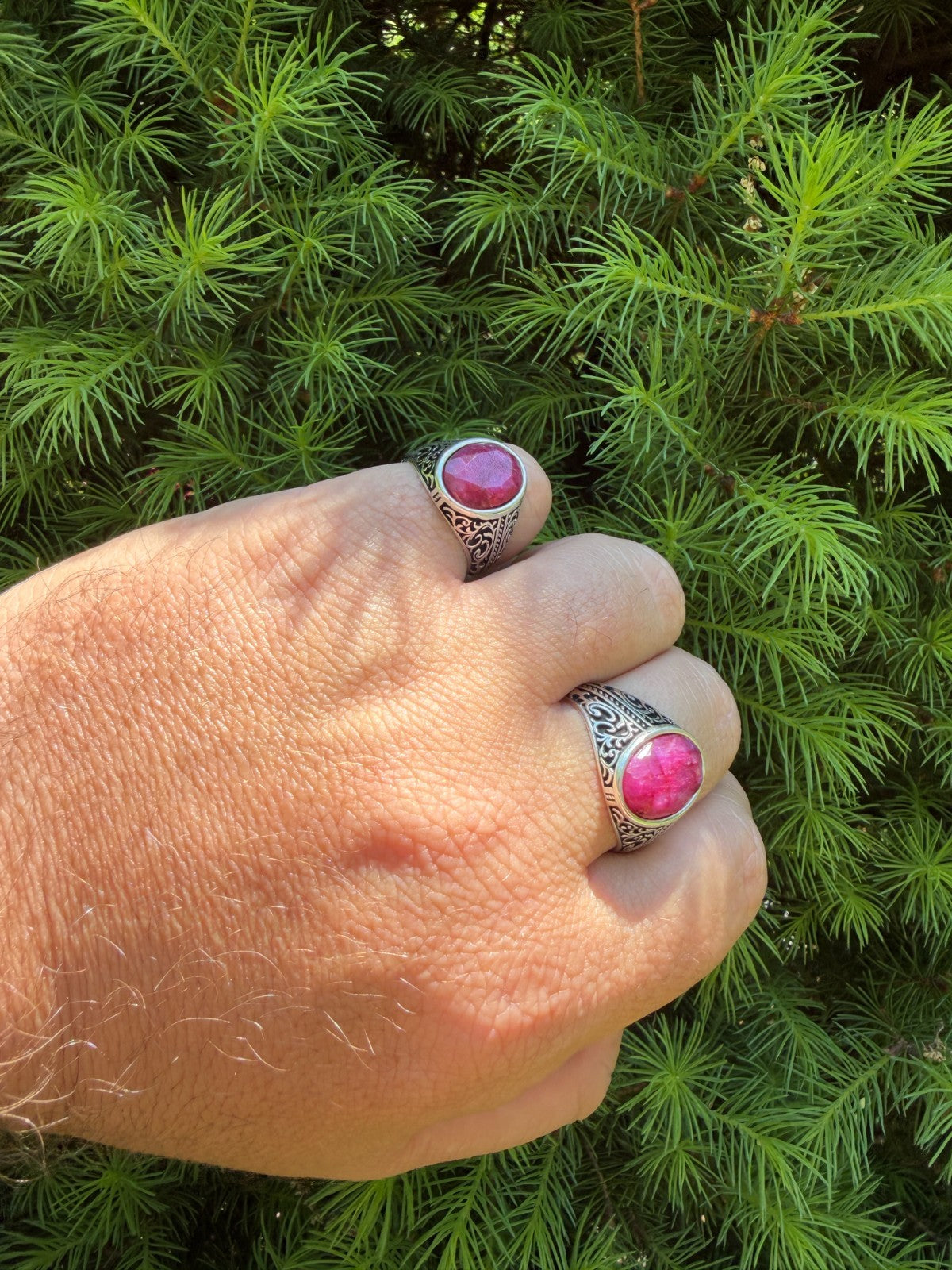 Columbian King Ring - 925 Silver Oxidized - Genuine Red Ruby Stone
