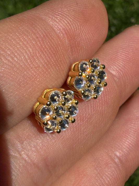 MOISSANITE Upside Down Reverse Set Cluster Iced Out Honeycomb Set Earrings - 14k Gold Vermeil 925 Silver - 9mm