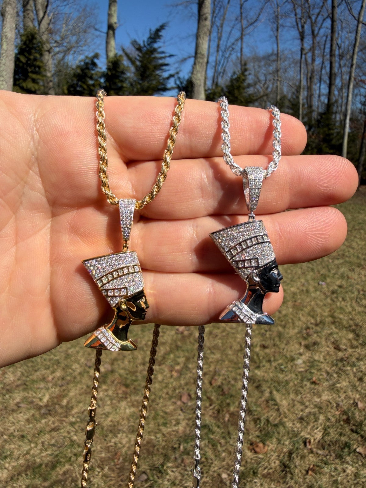 MOISSANITE Hip Iced Out Egyptian Queen Nefertiti Pendant - 14k Yellow Gold Vermeil Or 925 Silver - Medium 1.75"