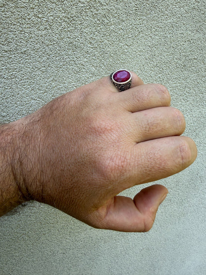Columbian King Ring - 925 Silver Oxidized - Genuine Red Ruby Stone