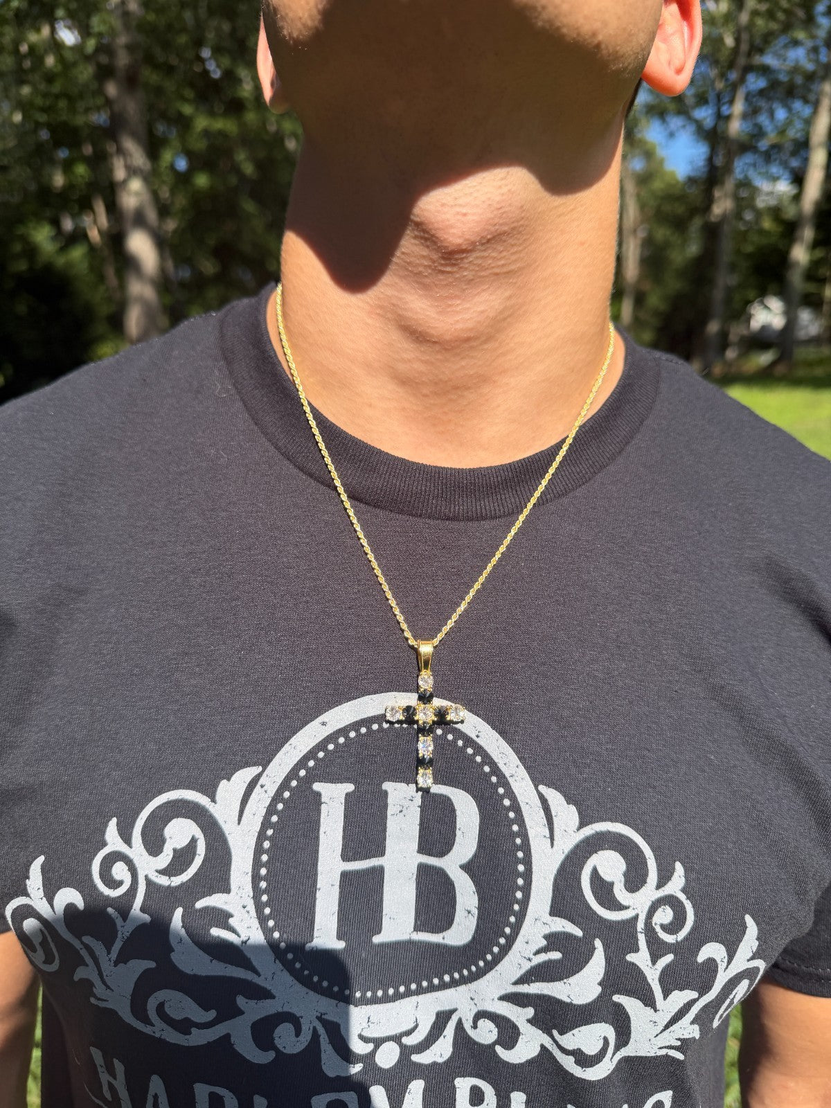 MOISSANITE Black & White Upside Down Set Cross Pendant - 14k Yellow Gold Vermeil Or 925 Silver - Medium 2"