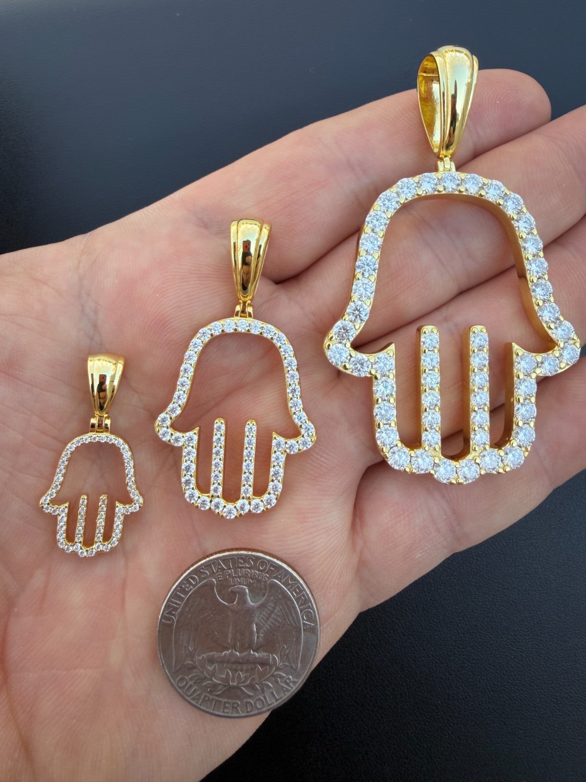 MOISSANITE Hamsa Cutout Pendant - 14k Gold Vermeil 925 Silver - 3 Sizes 1.25"-2.75"