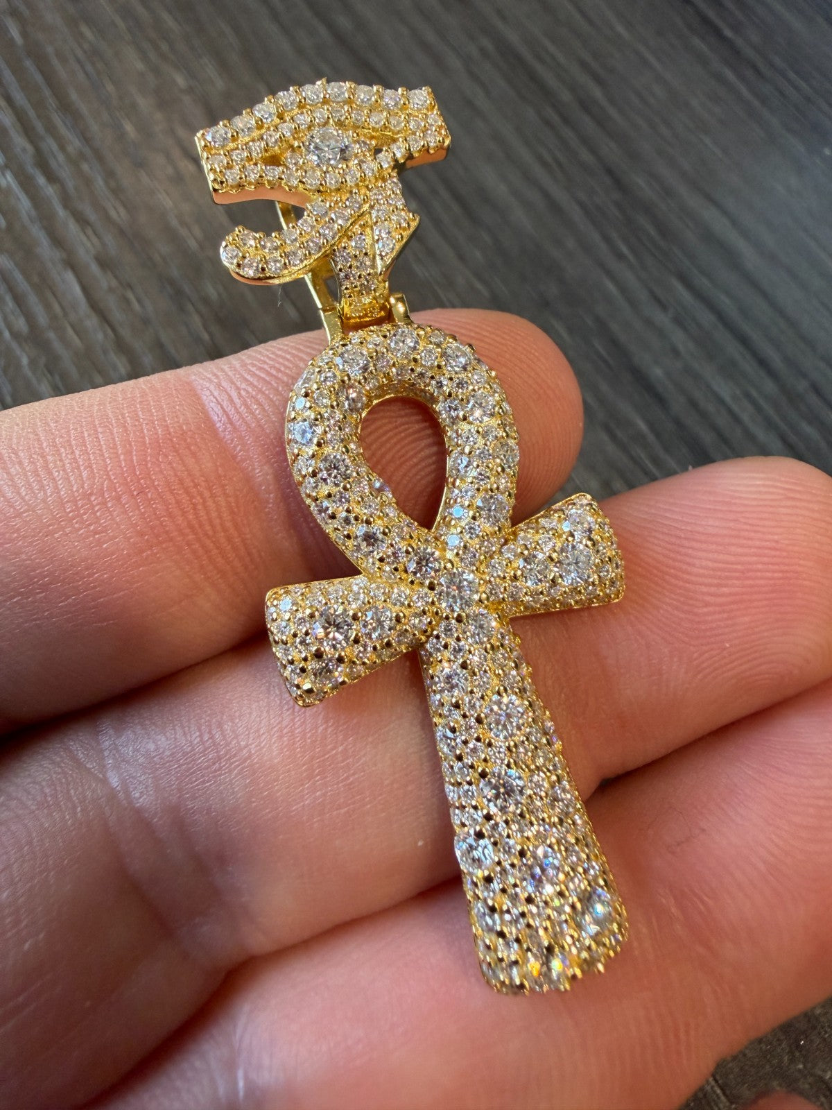 MOISSANITE Mosaic Setting Ankh W. Eye Of Horus Pendant - 14k Yellow Gold Vermeil Or 925 Silver - Medium 2"