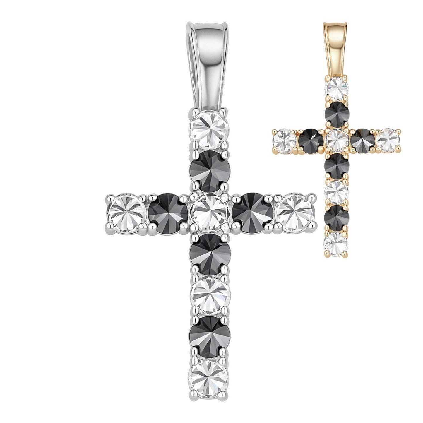 MOISSANITE Black & White Upside Down Set Cross Pendant - 14k Yellow Gold Vermeil Or 925 Silver - Medium 2"