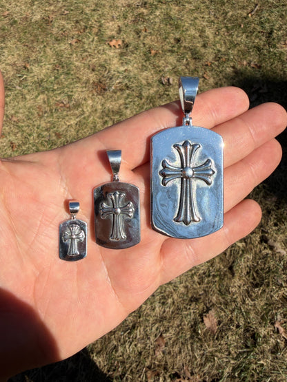 Hearts Chrome Dog Tag Cross Pendant - 925 Silver - 3 Sizes 1"-2.75"