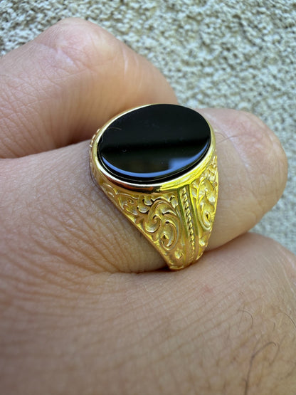 Columbian King Ring - 14k Gold Vermeil 925 Silver - Genuine Black Onyx Stone