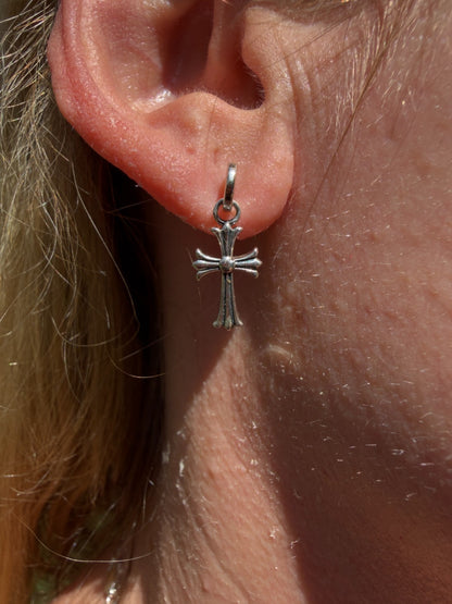 Hearts Of Chrome Studs W. Dangle Cross Earrings - 925 Silver Oxidized