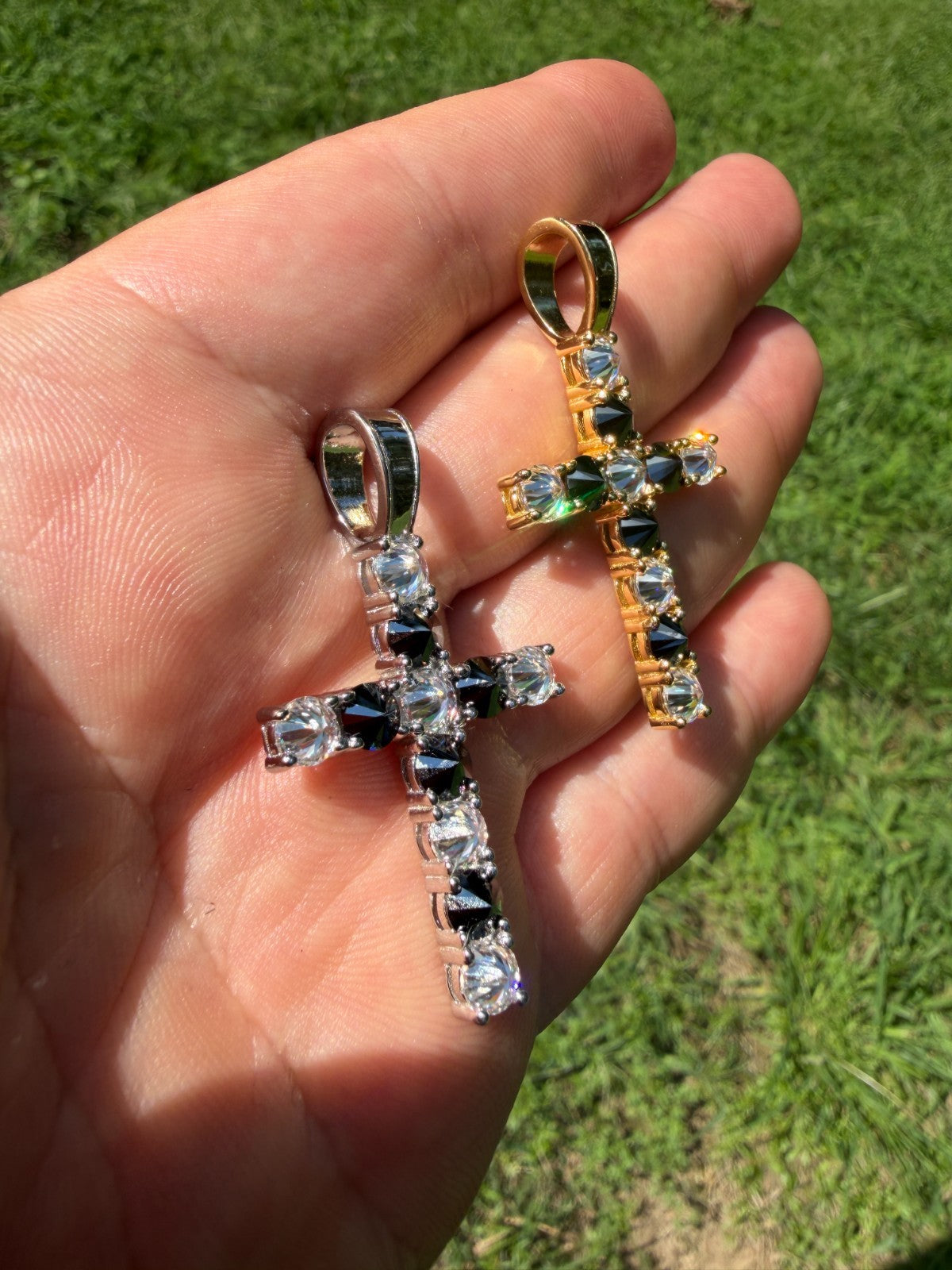MOISSANITE Black & White Upside Down Set Cross Pendant - 14k Yellow Gold Vermeil Or 925 Silver - Medium 2"