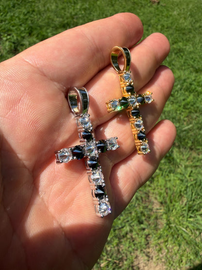 MOISSANITE Black & White Upside Down Set Cross Pendant - 14k Yellow Gold Vermeil Or 925 Silver - Medium 2"