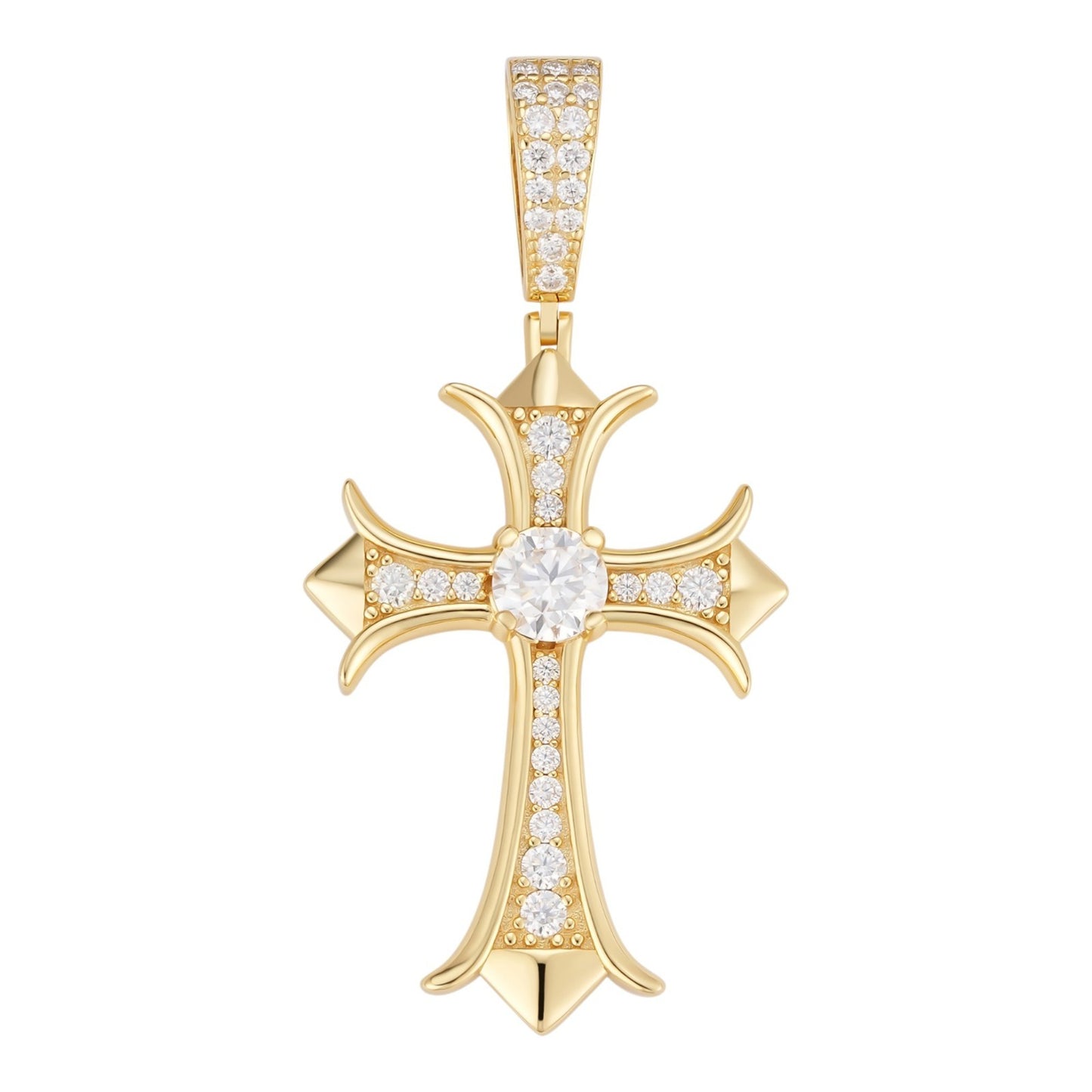MOISSANITE Hearts Chrome Cross Pendant - 14k Gold Vermeil 925 Silver - 3 Sizes 0.75"-2.75"