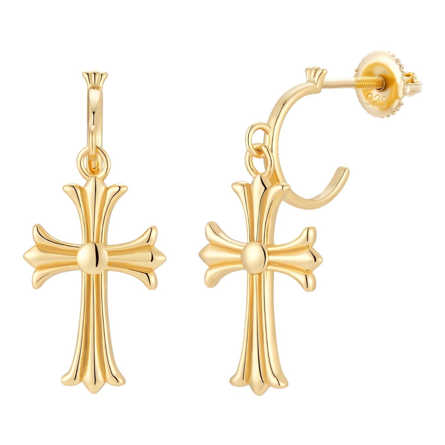 Hearts Of Chrome Huggie Hoops W. Dangle Cross Earrings - 14k Gold Vermeil 925 Silver