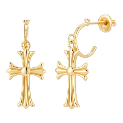 Hearts Of Chrome Huggie Hoops W. Dangle Cross Earrings - 14k Gold Vermeil 925 Silver