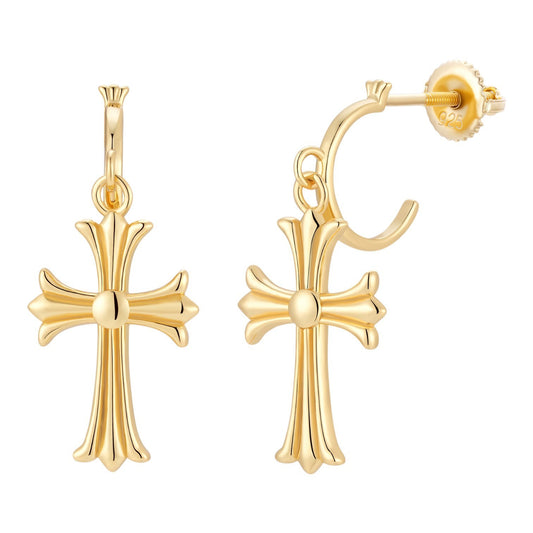 Hearts Of Chrome Huggie Hoops W. Dangle Cross Earrings - 14k Gold Vermeil 925 Silver