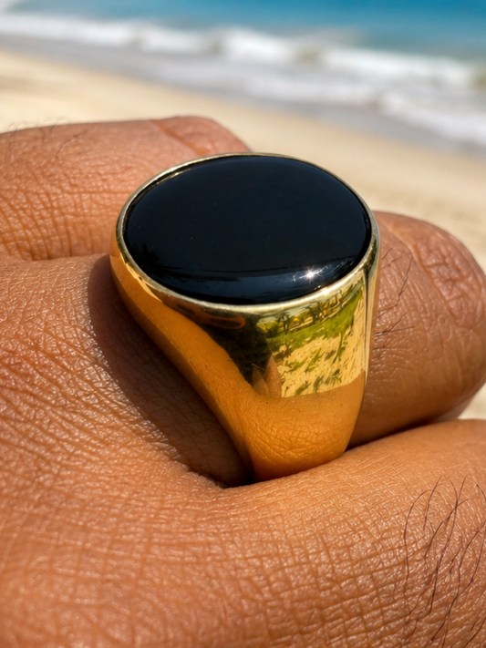 Shadow Boss Ring - 14k Gold Vermeil 925 Silver - Genuine Black Onyx Stone
