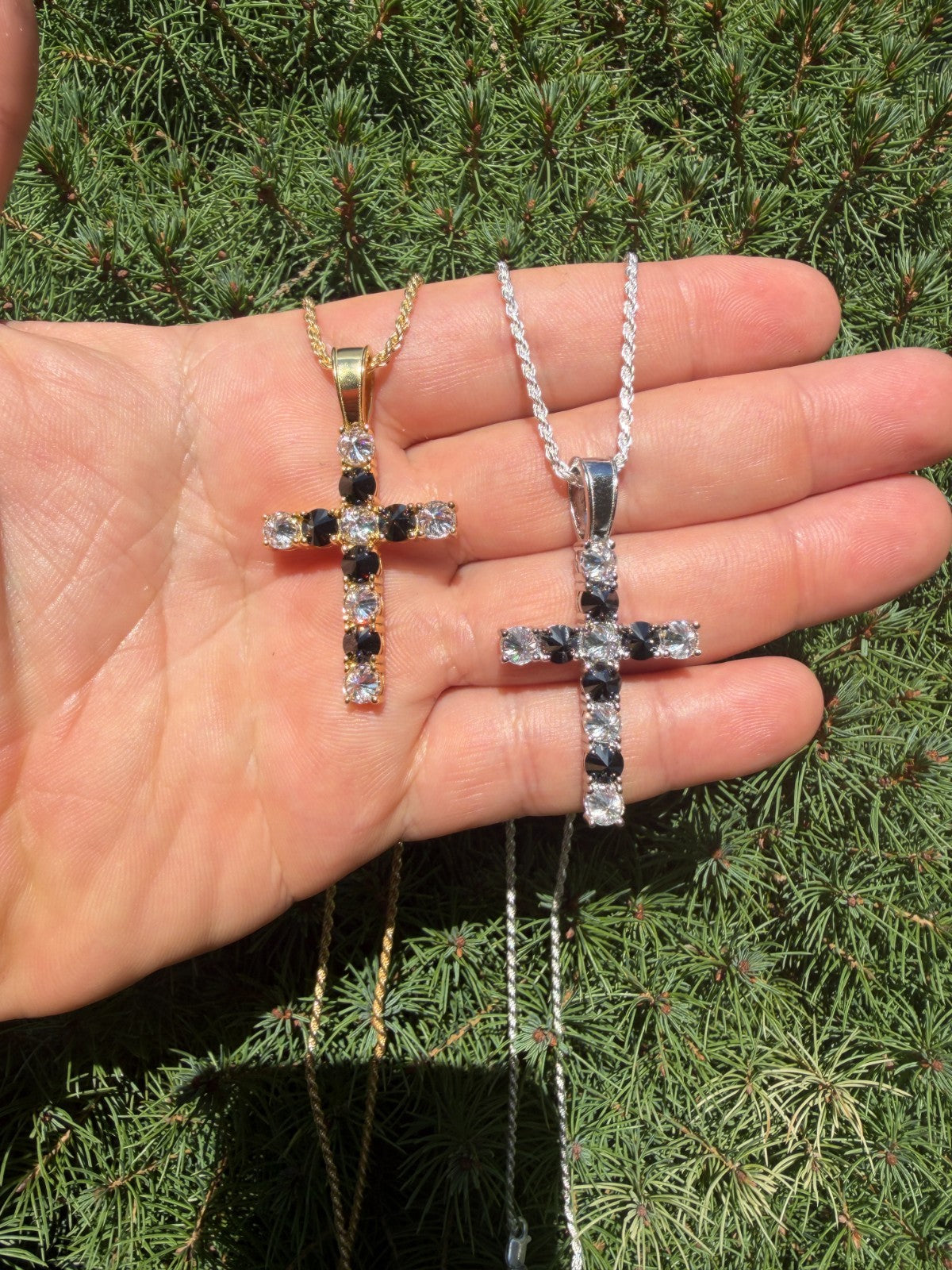 MOISSANITE Black & White Upside Down Set Cross Pendant - 14k Yellow Gold Vermeil Or 925 Silver - Medium 2"