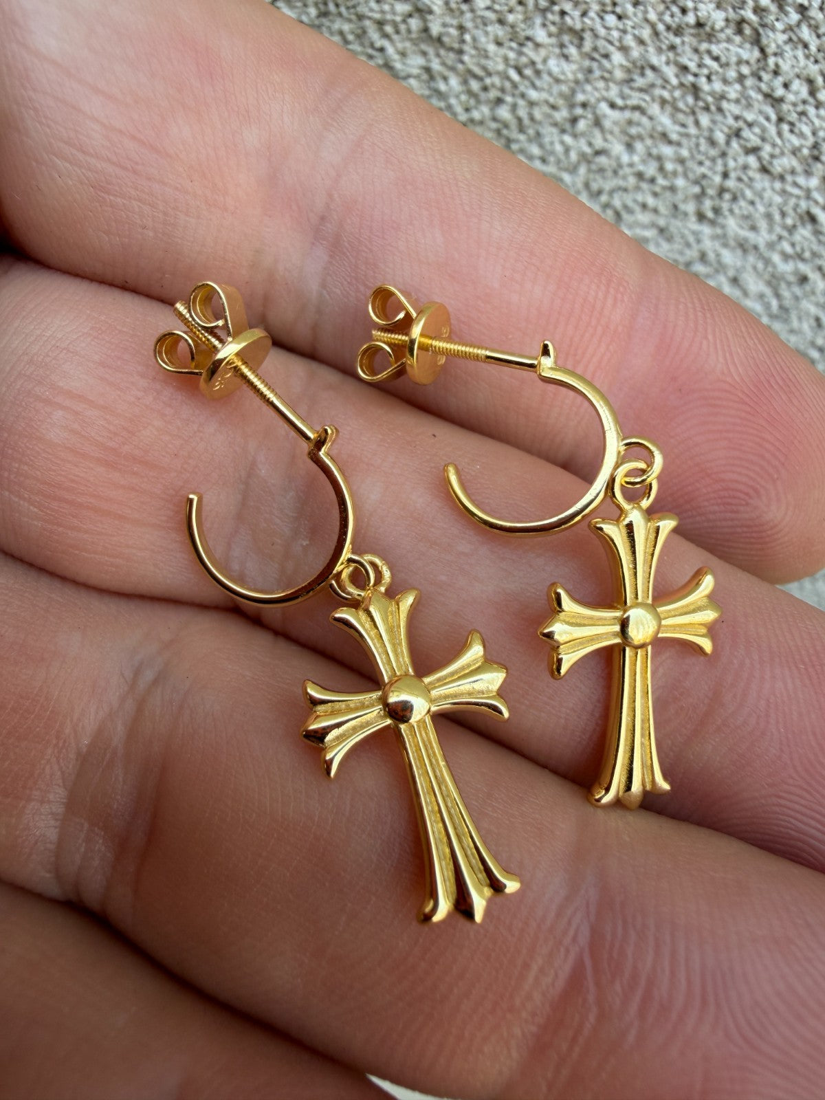 Hearts Of Chrome Huggie Hoops W. Dangle Cross Earrings - 14k Gold Vermeil 925 Silver