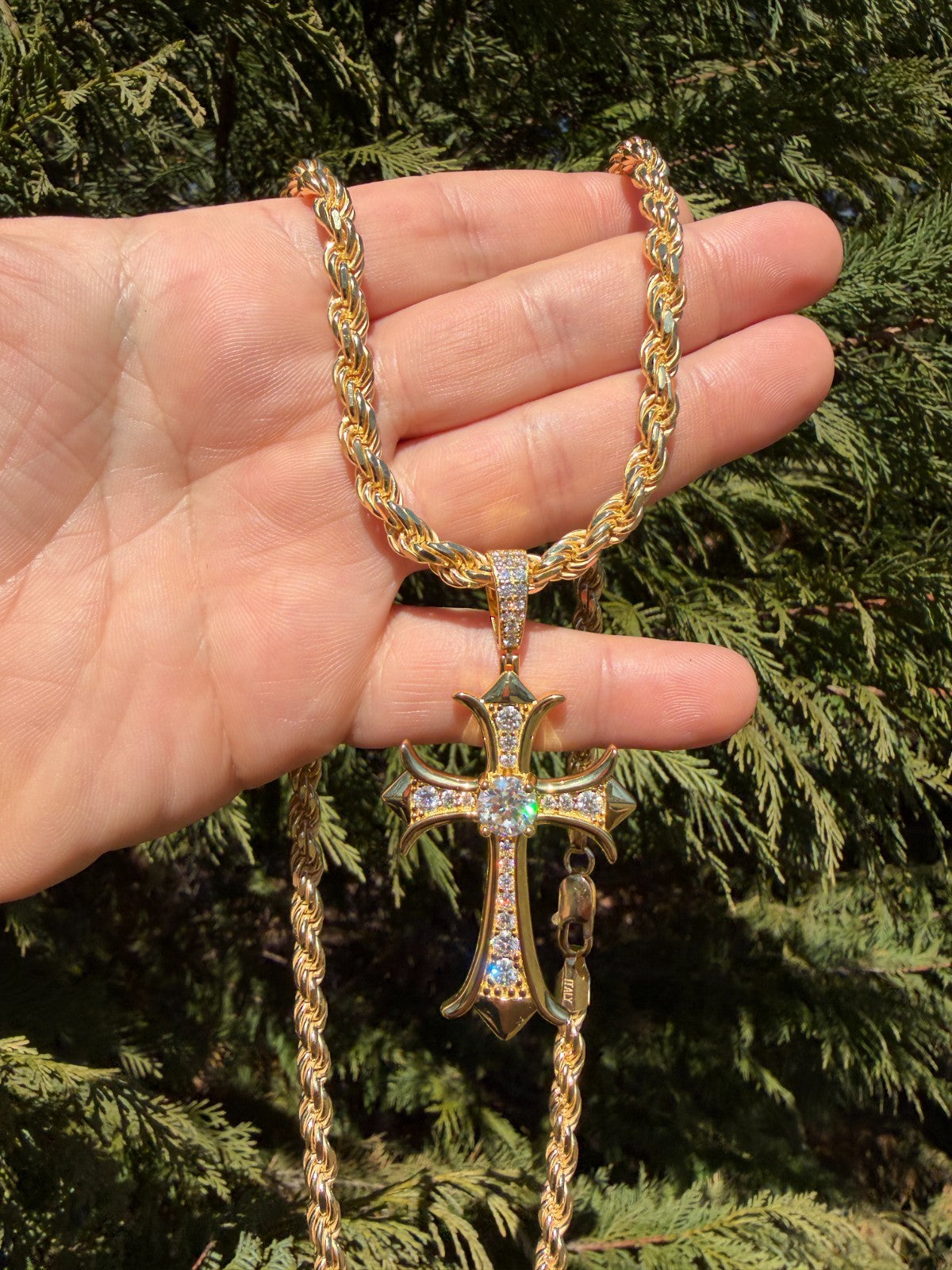 MOISSANITE Hearts Chrome Cross Pendant - 14k Gold Vermeil 925 Silver - 3 Sizes 0.75"-2.75"