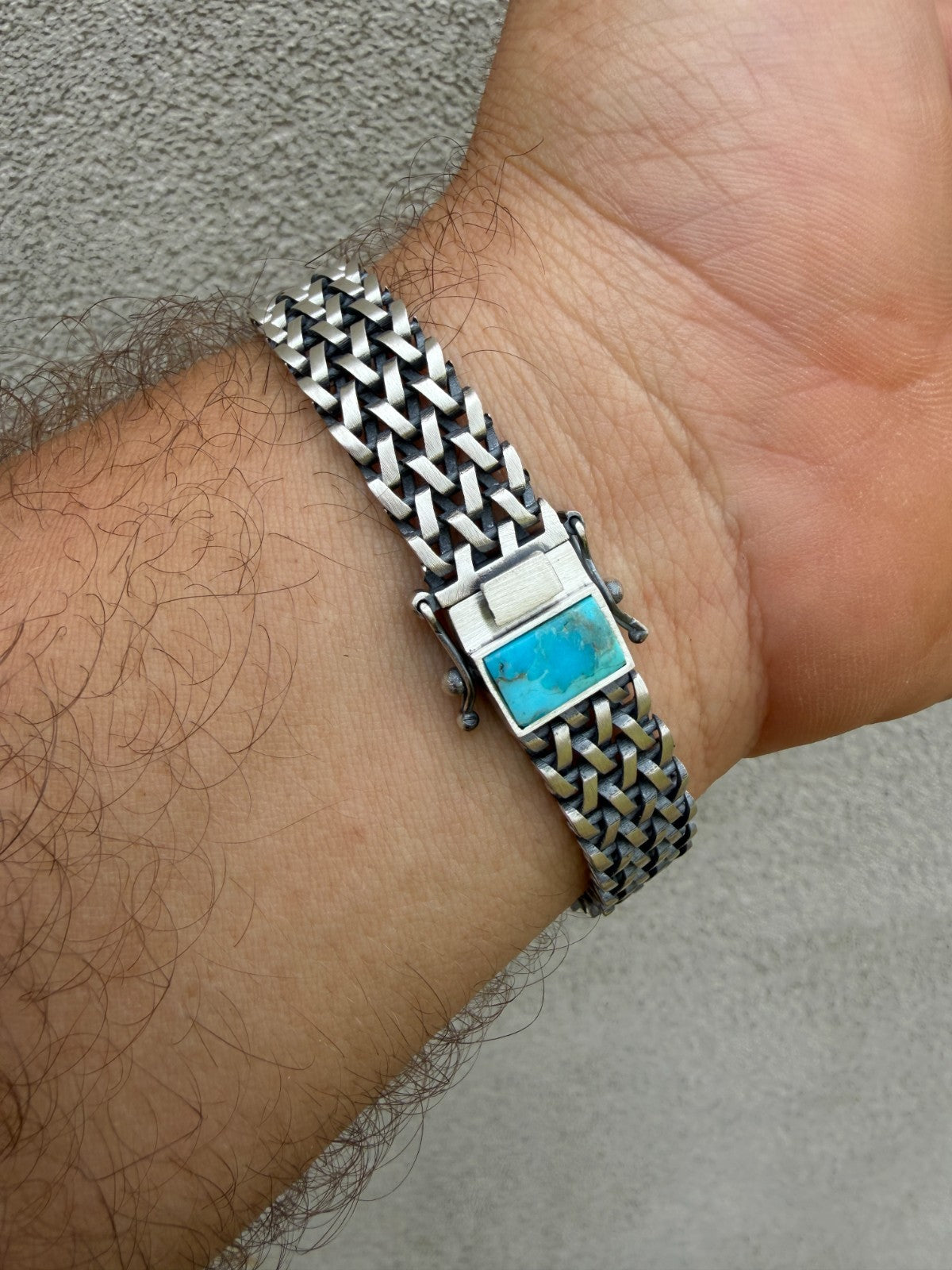 Mens Turquoise Wheat Woven Link Bracelet - 925 Sterling Silver - 8.5" - 12mm