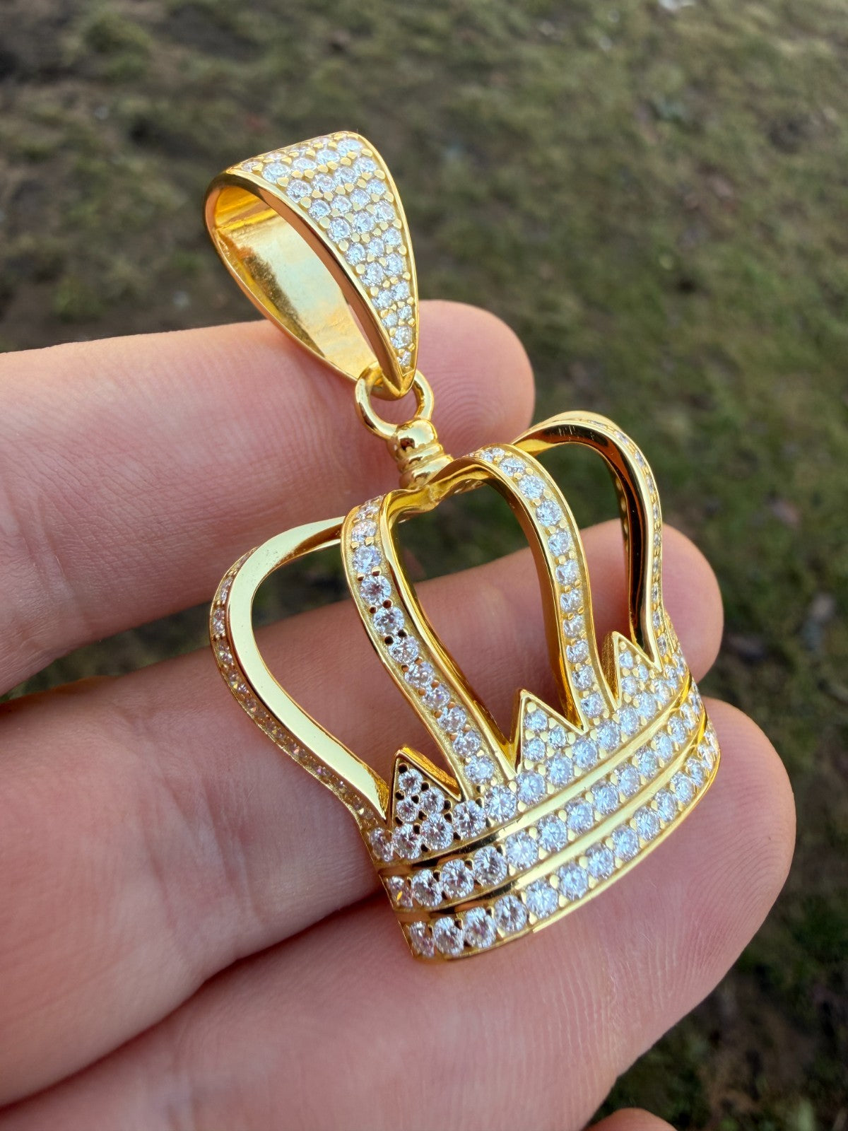MOISSANITE Royalty Crown Pendant - 14k Yellow/Rose Gold Vermeil or 925 Silver - Large 2"