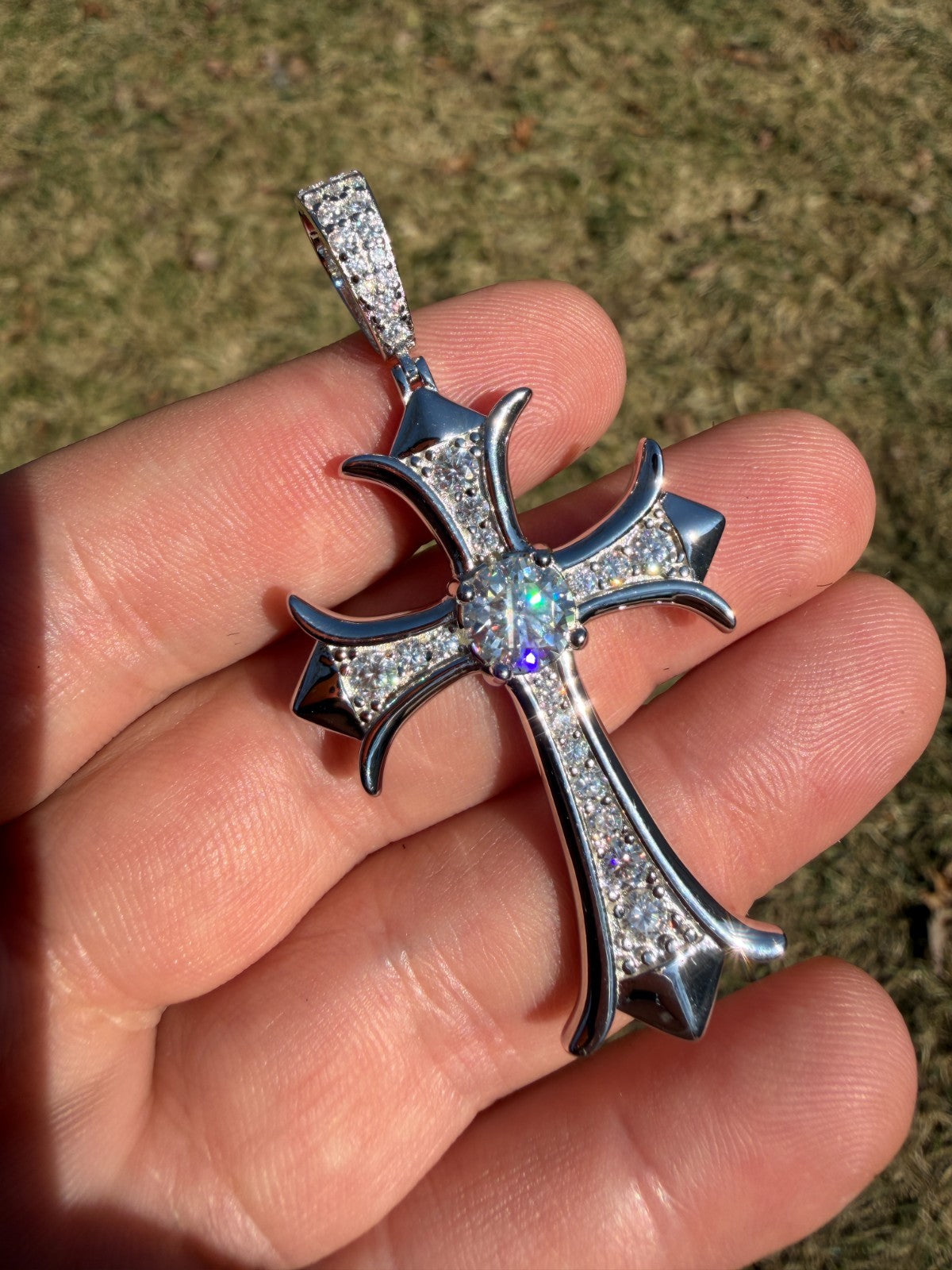 MOISSANITE Hearts Chrome Cross Pendant - 925 Silver - 3 Sizes 1"-2.75"