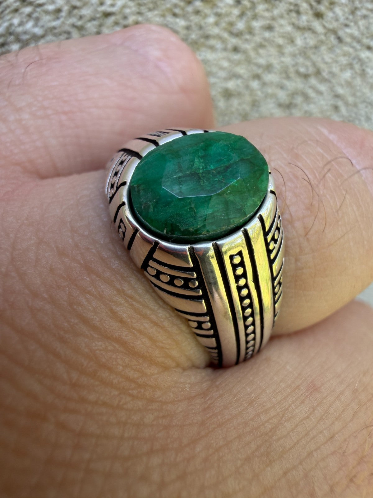 Royal Dynasty Ring - 925 Silver Oxidized - Genuine Green Emerald Stone