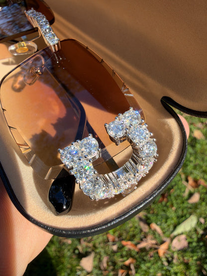 MOISSANITE Big Stone 15ct Iced Out Sunglasses - 925 Silver Buffs - Light Brown