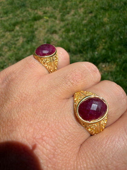 Columbian King Ring - 14k Gold Vermeil 925 Silver - Genuine Red Ruby Stone