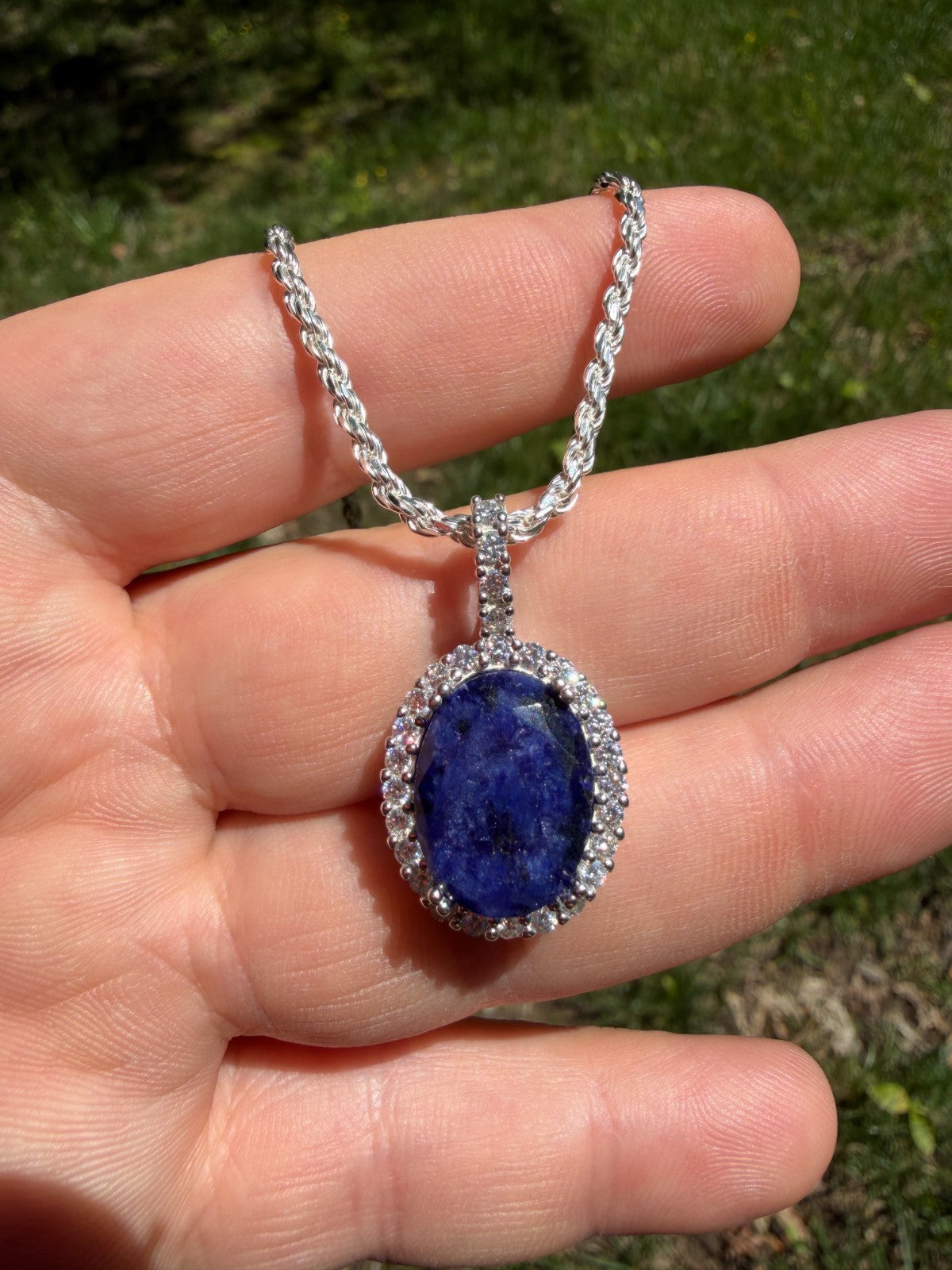 MOISSANITE Royalty Midnight Ocean Pendant - 925 Silver - Oval Genuine Blue Sapphire Stone