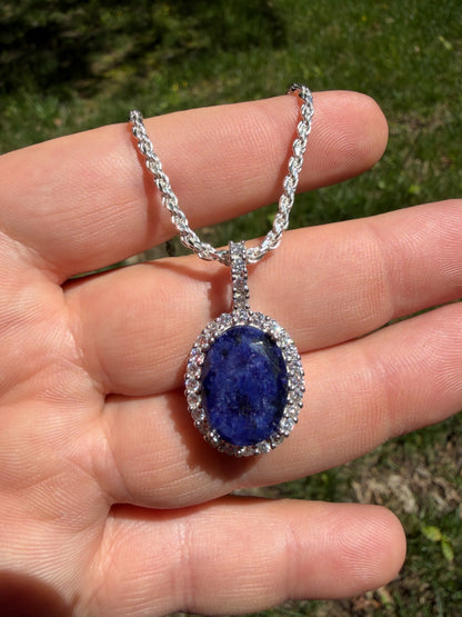 MOISSANITE Royalty Midnight Ocean Pendant - 925 Silver - Oval Genuine Blue Sapphire Stone