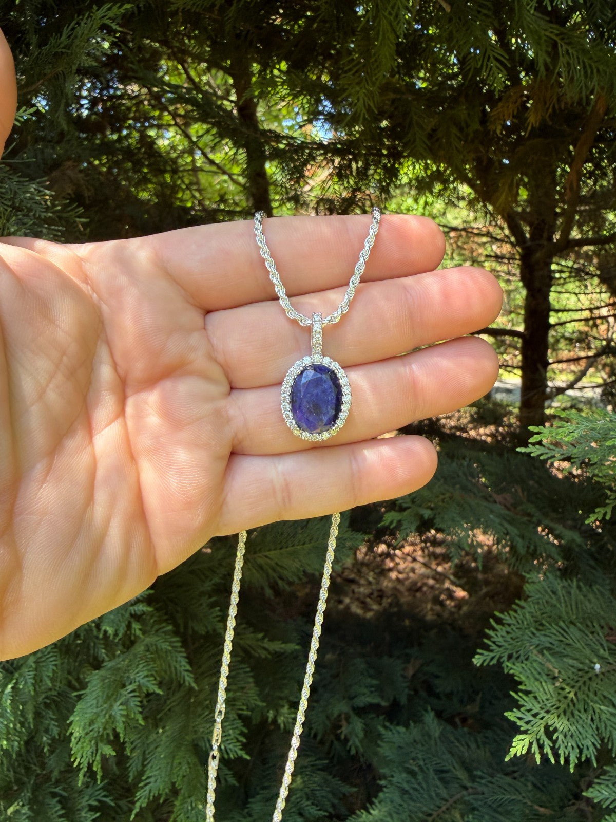 MOISSANITE Royalty Midnight Ocean Pendant - 925 Silver - Oval Genuine Blue Sapphire Stone