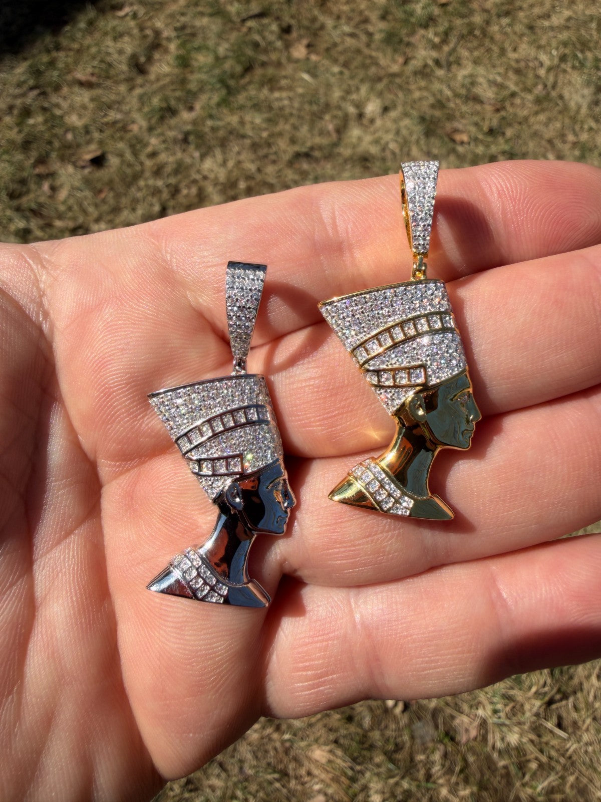 MOISSANITE Hip Iced Out Egyptian Queen Nefertiti Pendant - 14k Yellow Gold Vermeil Or 925 Silver - Medium 1.75"