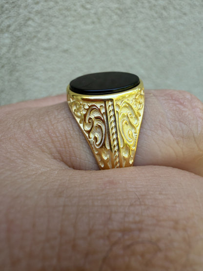 Columbian King Ring - 14k Gold Vermeil 925 Silver - Genuine Black Onyx Stone
